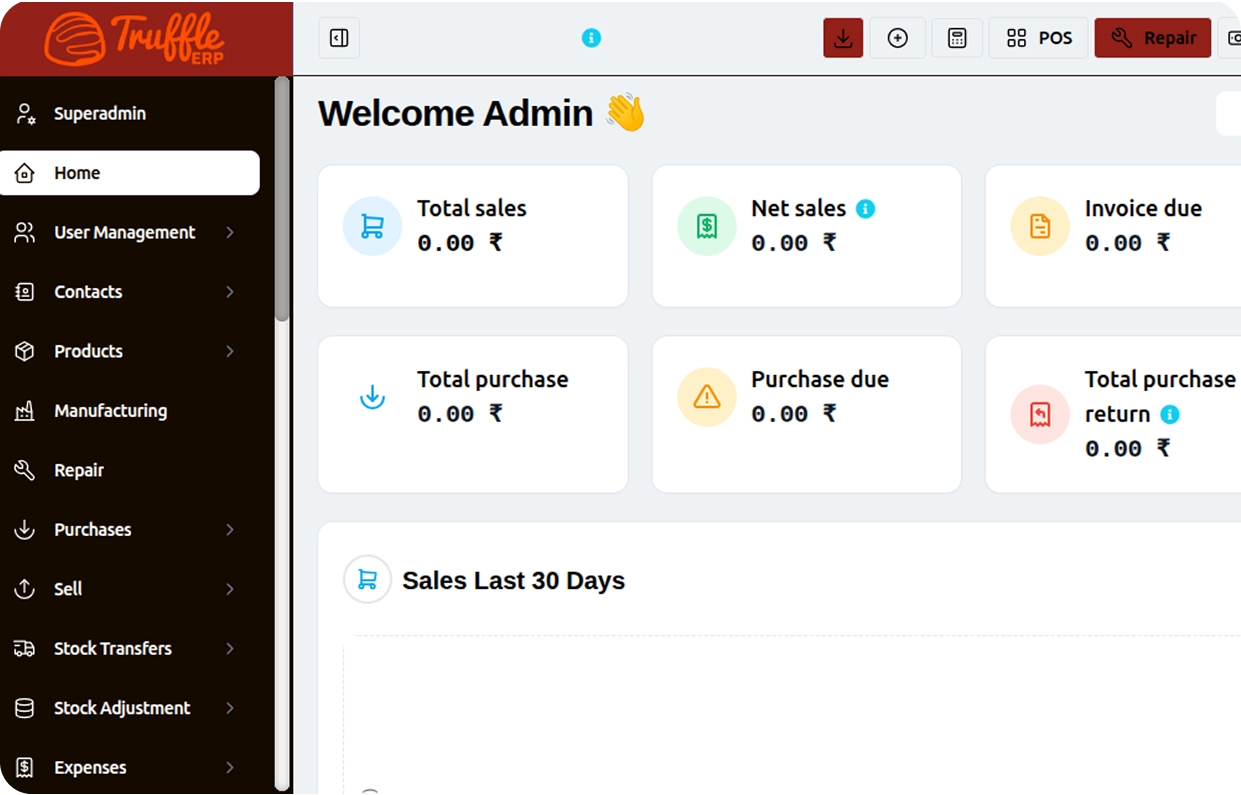 Restaurant ERP Software Dashboard