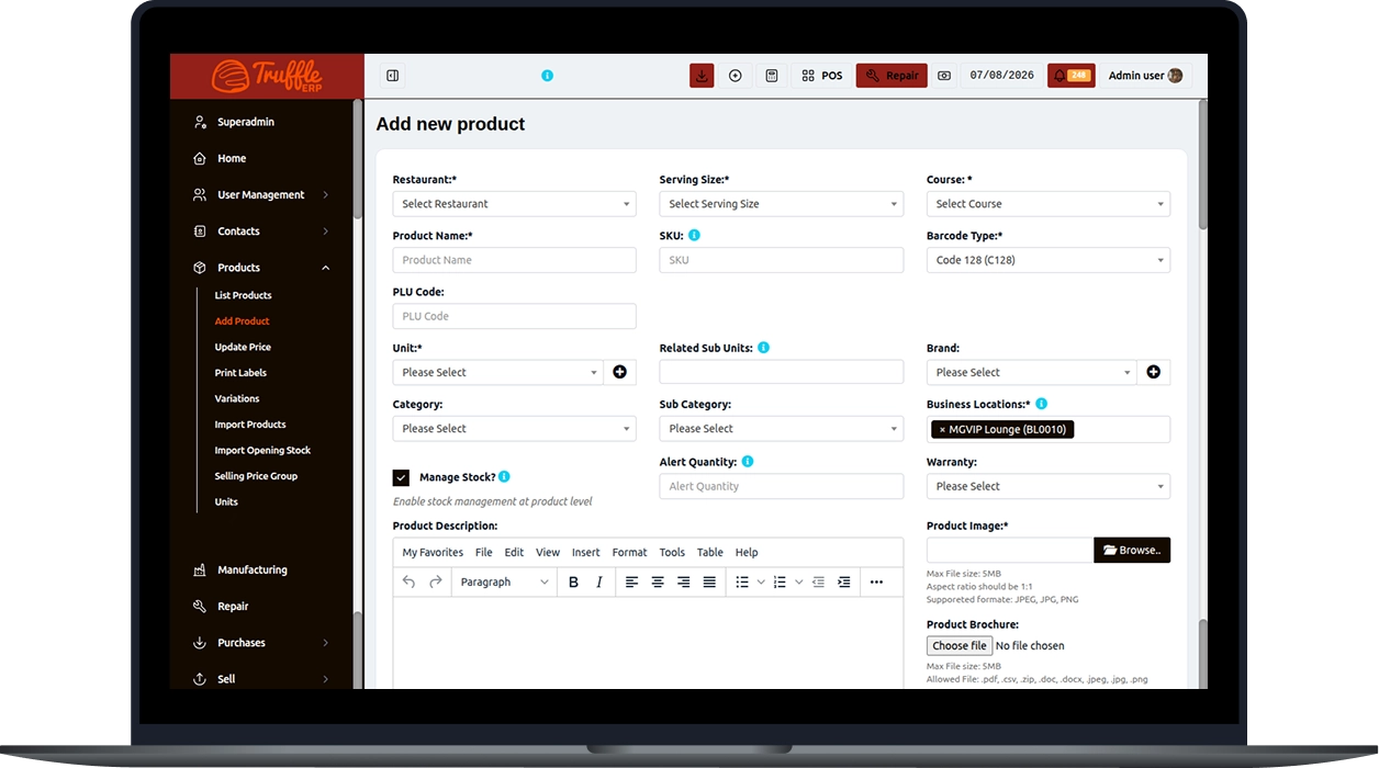Restaurant ERP Software Dashboard Interface